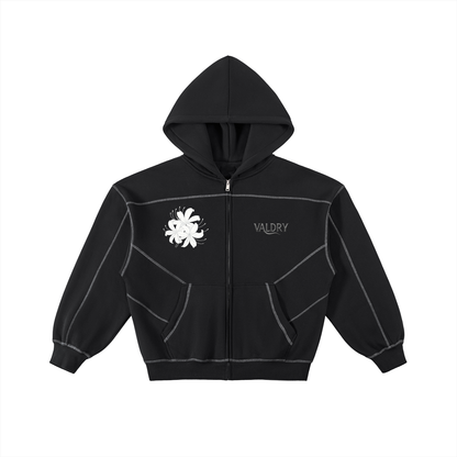 Contrast-Stitched Boxy Fleece Zip Hoodie